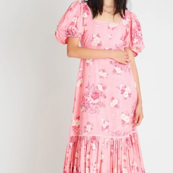 LoveShackFancy Salma Puff-Sleeve Cotton Maxi Dress, Pink, Size 0 - Picture 3 of 12